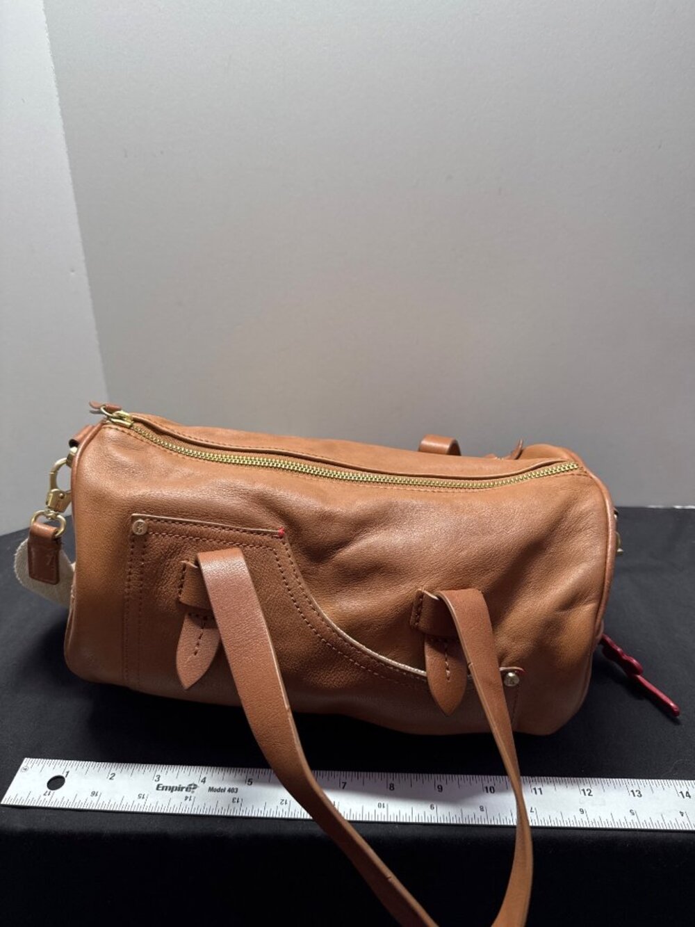 ED Ellen DeGeneres Love Tan Leather Barrel Bag With Denim Lining & Gold Hardware
